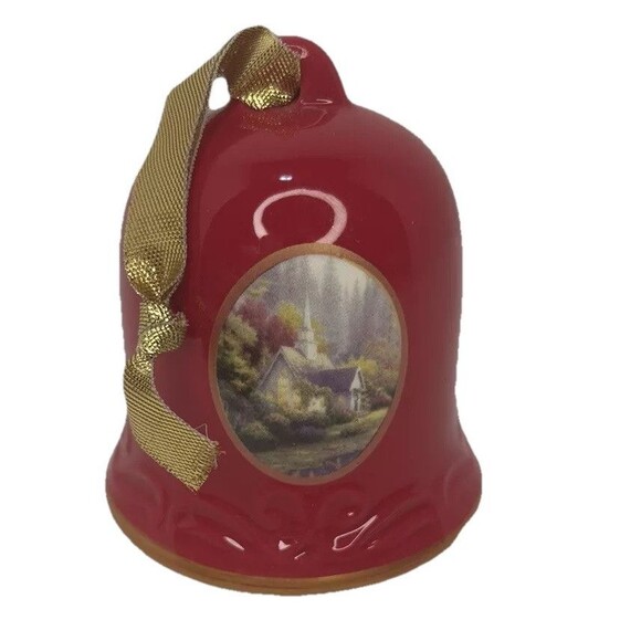 Thomas Kinkade Forest Chapel Painter Of Light Christmas Bell Ornament Red (1999) - Picture 1 of 6